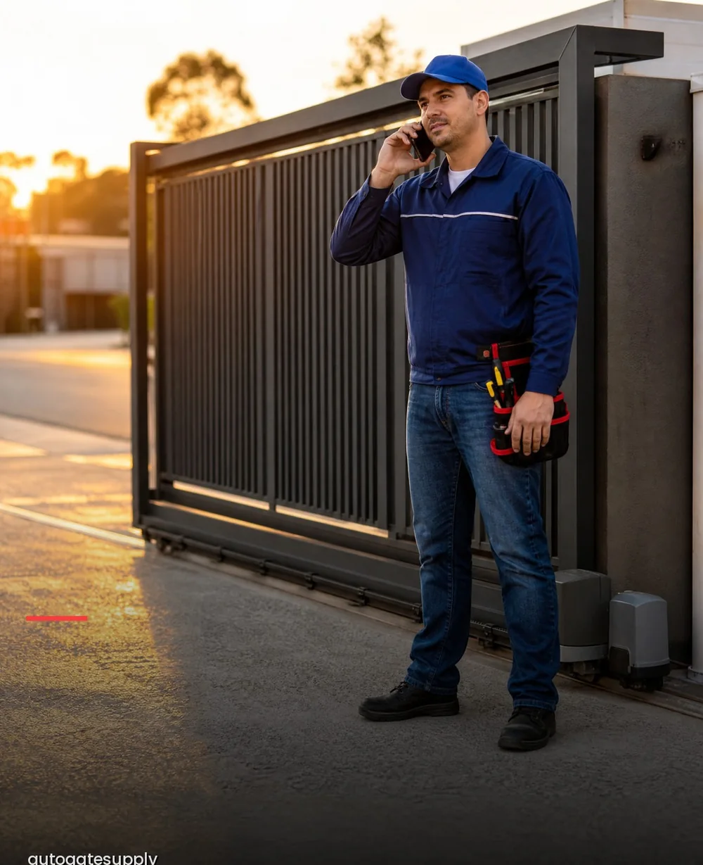 AutoGate Supply representative at an automated sliding gate in Fresno